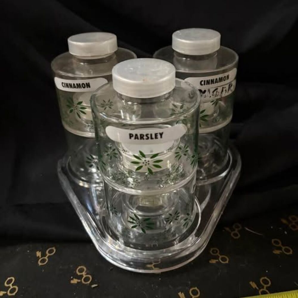 Vintage green print acrylic spice jars on rotating rack lazy Susan